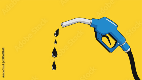 Blue gas pump nozzle with black oil drops falling against a vibrant yellow background representing fuel and energy.