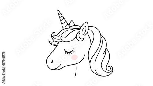 Simple black and white outline of a unicorn head with a pink cheek and long mane on a white background for coloring.