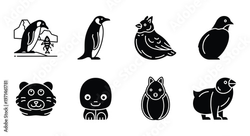 Black and white icons depicting various arctic and wildlife animals