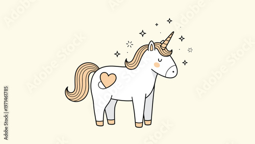 Charming white unicorn standing with stars and a golden horn on a light cream background for fairy tale concepts.
