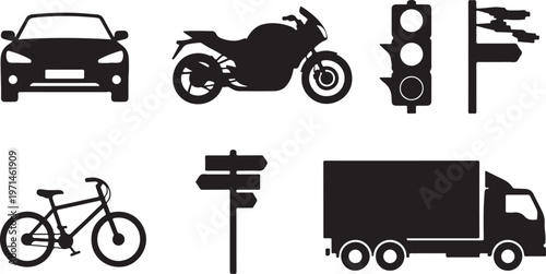  traffic transport car signal road sign silhouette set black