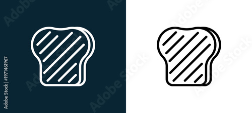 Two-color toast outline icon pair in black and white, editable stroke vector illustration for web, mobile apps, UI design, branding, and print from gastronomy