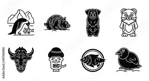 Black and white icons depicting various arctic and wildlife animals