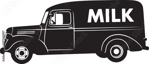 Vintage milk truck, black silhouette, delivery van, iconic vehicle