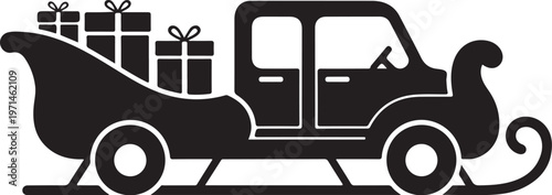 Black and white Christmas truck with gifts, holiday vehicle icon, festive transportation, gift delivery silhouette