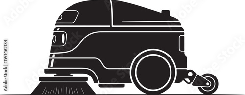 Black, industrial floor scrubber, cleaning machine, janitorial equipment, vector icon