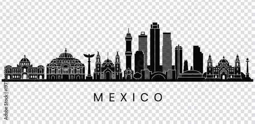 Vector illustration black and white mexico city skyline with iconic buildings and landmarks