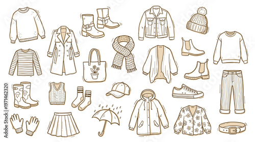 Hand drawn collection of autumn winter clothing and accessories for women and girls fashion style