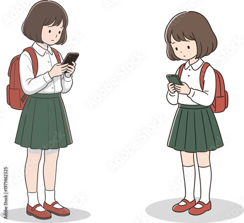Cute schoolgirl student using smartphone with backpack, cartoon illustration isolated on white background, modern youth technology and education lifestyle concept