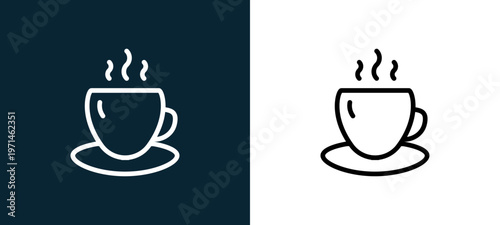 Two-color cup outline icon pair in black and white, editable stroke vector illustration for web, mobile apps, UI design, branding, and print from gastronomy