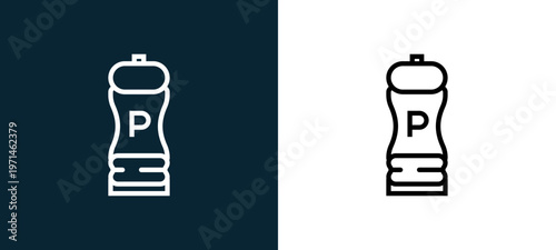 Two-color pepper outline icon pair in black and white, editable stroke vector illustration for web, mobile apps, UI design, branding, and print from gastronomy