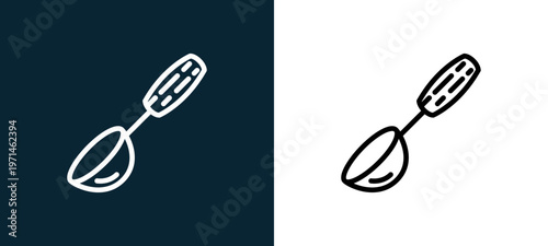 Two-color ladle outline icon pair in black and white, editable stroke vector illustration for web, mobile apps, UI design, branding, and print from gastronomy