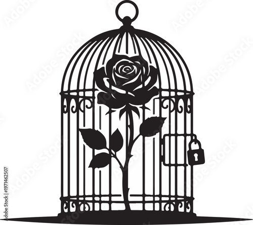 Symbolic silhouette of a blooming rose flower trapped inside a birdcage, concept of lost freedom and restricted beauty.