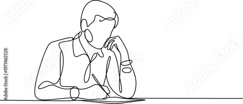 Man writing with pen thinking one line drawing minimalist style