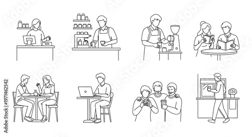Line art depicting various scenes of people in a coffee shop