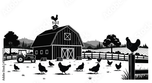 Rural farm scene with a barn chickens and tractor in stark silhouette