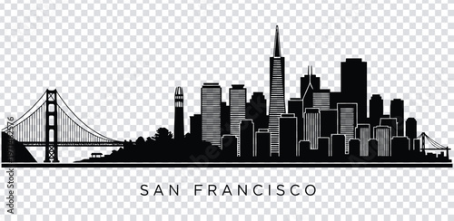 Vector illustration san francisco city skyline with golden gate bridge in black silhouette