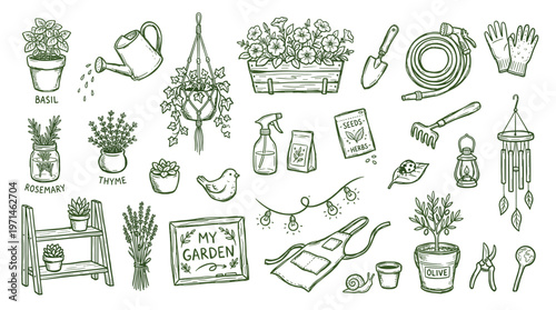 Charming Hand Drawn Garden Elements Collection for Outdoor Living and Hobby Enthusiasts