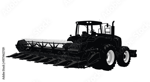 Detailed combine harvester illustration in stark black and white a striking silhouette