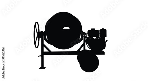 Black silhouette of a cement mixer with engine and wheel construction equipment silhouette
