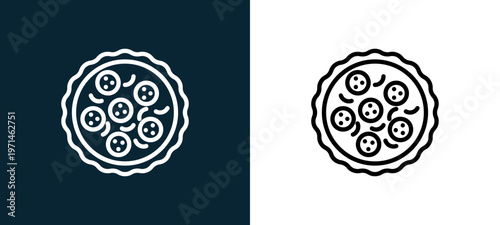 Two-color pizza outline icon pair in black and white, editable stroke vector illustration for web, mobile apps, UI design, branding, and print from gastronomy