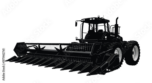 Detailed combine harvester in black showcasing its complex machinery silhouette