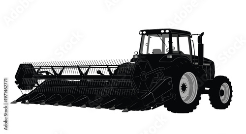 Detailed combine harvester illustration presented as a striking black silhouette