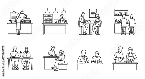 Line art depicting various scenes of people in a coffee shop
