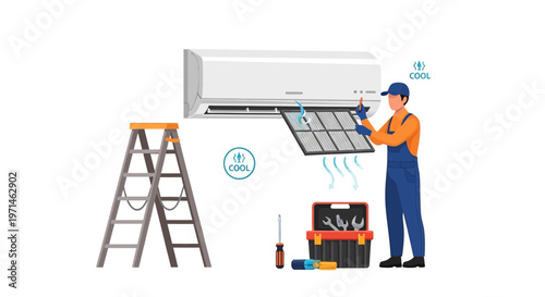 A vector illustration depicts a service worker in blue overalls removing the air filter from a white air conditioner unit next to a stepladder and toolbox against a clean white background