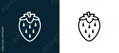 Two-color strawberry outline icon pair in black and white, editable stroke vector illustration for web, mobile apps, UI design, branding, and print from gastronomy