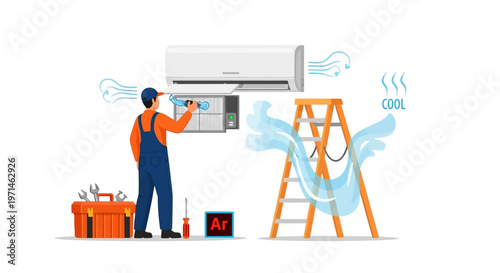 A technician in an orange uniform repairs an air conditioner on a white wall, with a toolbox and ladder nearby, using soft, pastel colors to convey a professional and reliable service