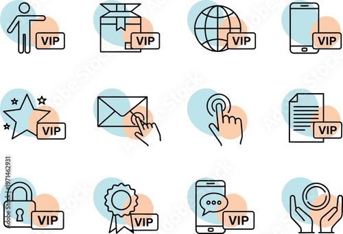VIP icons set featuring collection of linear vector symbols representing exclusive member access membership status and premium service user experience