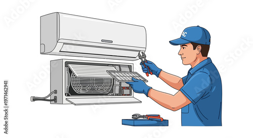Vector illustration of a technician repairing an air conditioner unit with a wrench and tools in a cartoon style on a clean white backdrop, creating a professional and reliable service
