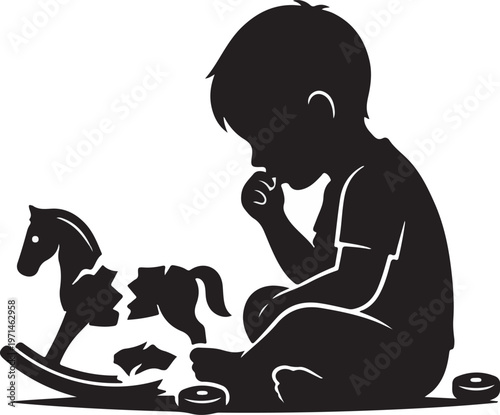 Sad little boy silhouette sitting next to his favorite broken rocking horse toy, concept of broken dreams and unhappy childhood.