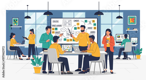 Teamwork strategy meeting in modern office, planning business growth on whiteboard