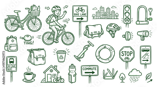 Hand drawn doodle illustration of cycling commute elements and city life icons with green accents