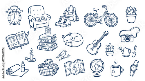 Cozy Home and Outdoor Adventure Icons Set Cozy armchair, books, bicycle, backpack, camera, nature elements and travel items hand-drawn illustration