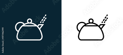 Two-color teapot outline icon pair in black and white, editable stroke vector illustration for web, mobile apps, UI design, branding, and print from gastronomy