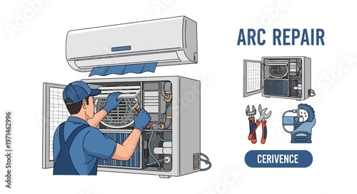 Detailed illustration of a repairman fixing an air conditioner unit with tools, depicted in a cartoon style against a clean white background, conveying a professional and technical service