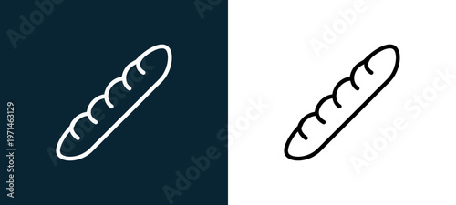 Two-color baguette outline icon pair in black and white, editable stroke vector illustration for web, mobile apps, UI design, branding, and print from gastronomy