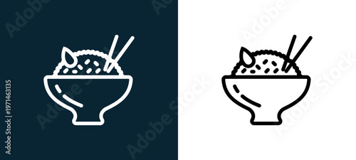 Two-color rice outline icon pair in black and white, editable stroke vector illustration for web, mobile apps, UI design, branding, and print from gastronomy