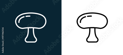 Two-color mushroom outline icon pair in black and white, editable stroke vector illustration for web, mobile apps, UI design, branding, and print from gastronomy