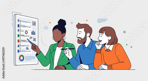 Diverse team collaborating on digital presentation, data analysis, and strategy