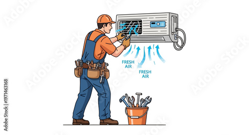 Cartoon illustration of a repairman fixing an air conditioner with a wrench, depicted in a bright, clean style with cool blues and oranges, set against a plain white background for clarity