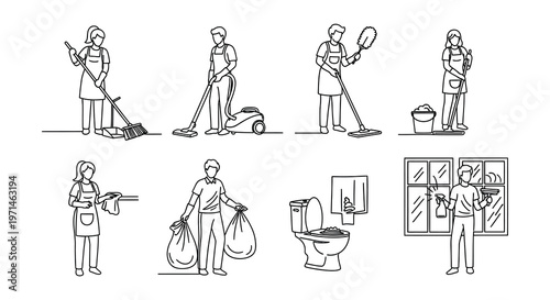 Line art illustration of people performing various cleaning tasks