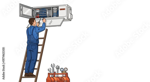 Illustrated electrician in blue overalls stands on a ladder, repairing an open electrical panel with a wrench against a white background, showing the importance of skilled trades