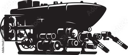 Black submarine vector, underwater vehicle illustration, ocean exploration graphic, nautical silhouette