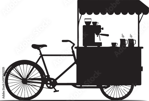 Black bicycle coffee cart, mobile cafe, vector illustration, food truck