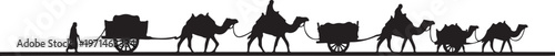 Camel caravan, desert travel, silhouette icons, vector graphics, transportation, travel, adventure
