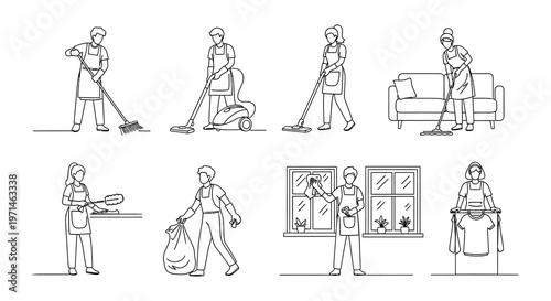 Line art illustration of people performing various cleaning tasks